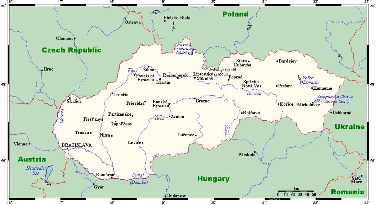 карта Словачкој са градовима